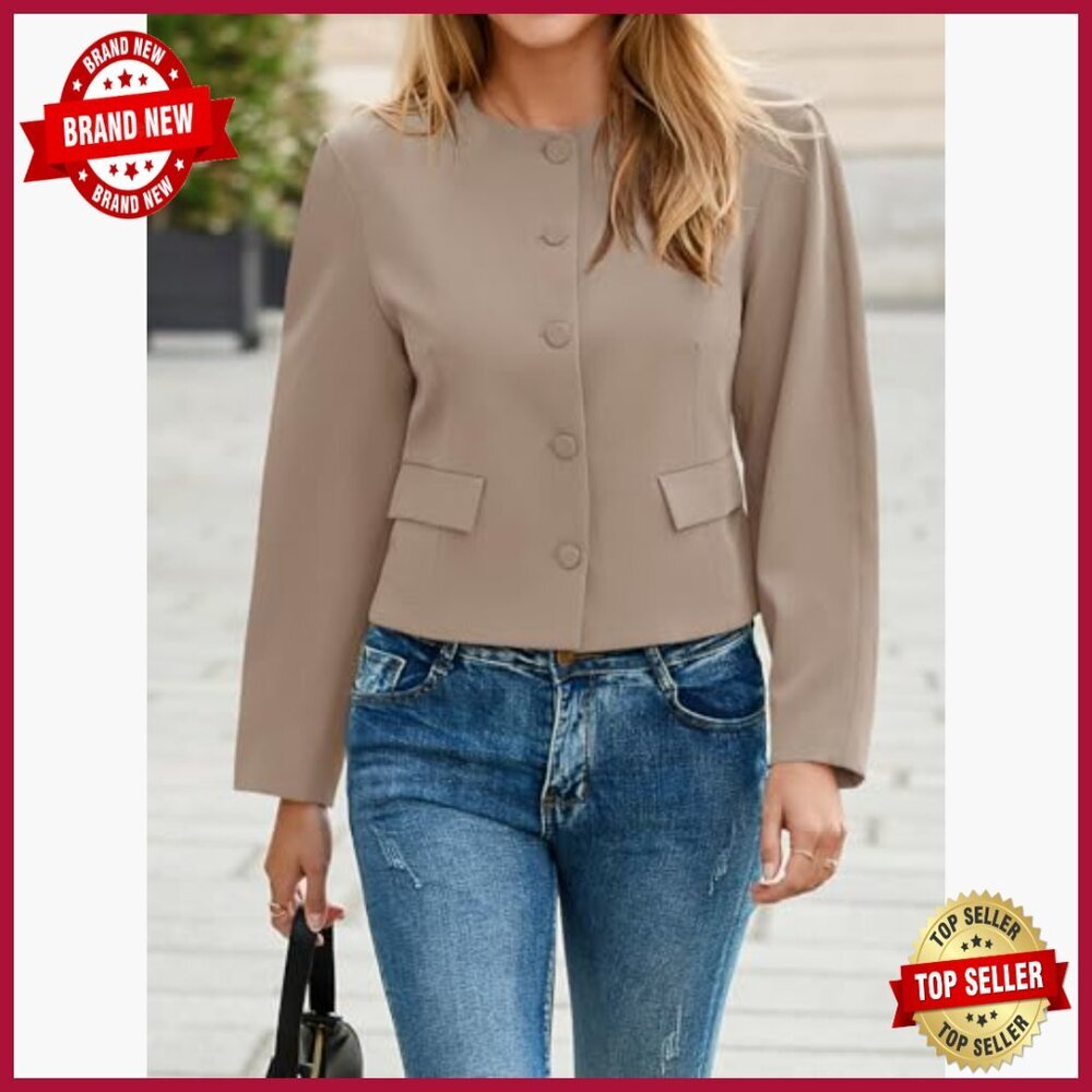 Cropped Blazer Balloon Sleeves Slim Fit Polyester Blend Business Casual - Picture 2 of 7